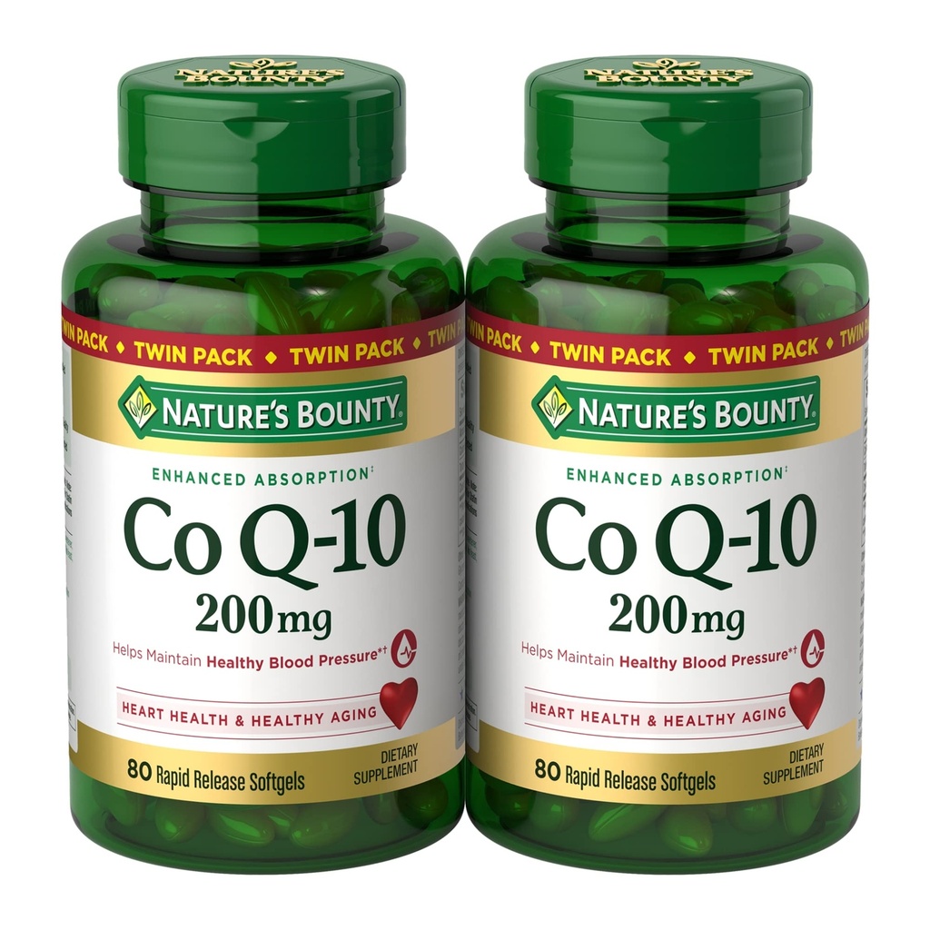 Nature 's Bounty CoQ10 200 mg Softgels, 심장 건강 및 세포 에너지 지원, 쌍둥이 팩, 160 급속한 방출 Softgels