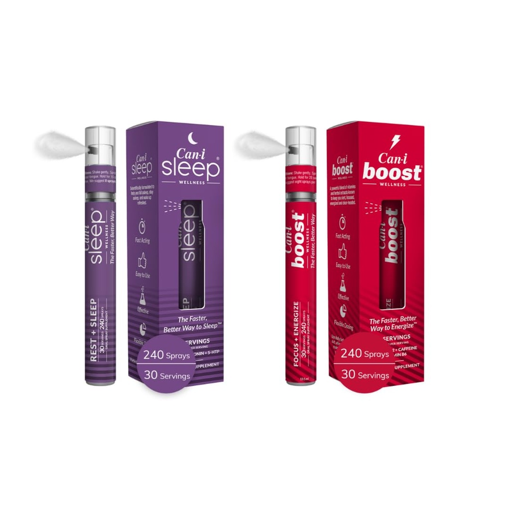 Can-i Wellness Fast-Acting 구두 스프레이 번들 - Melatonin과 GABA, B12, Ubiquinol 및 Caffeine과 함께 매일 에너지 지원 - Vegan 공식, 휴대용, 여행 친화적 인 스프레이