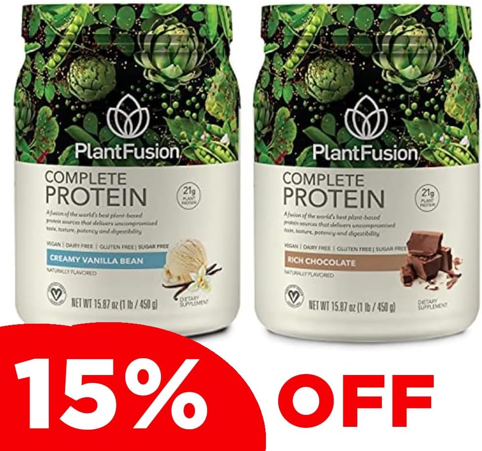 PlantFusion Complete Plant based Pea Protein Powder 번들, Non-GMO, Vegan, Dairy Free, Gluten Free, Soy Free, Allergy Free w/Digestive Enzymes, Dietary Supplement, 바닐라 콩 및 초콜릿 1 파운드