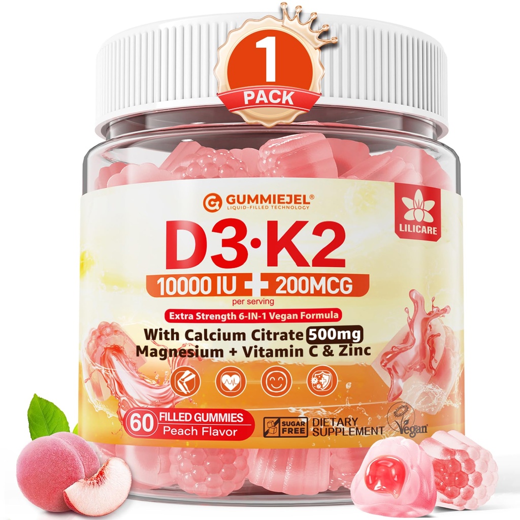 비타민 D3 K2 Gummies 5000IU / 500mg 칼슘 + K2 (MK-7) 200mcg, 마그네슘, 비타민 C & 아연, 여분 강도와 10,000 IU - 뼈, 근육, 치아, 채식, 60 개 (팩 1)에 대한 궁극적 인 흡수성