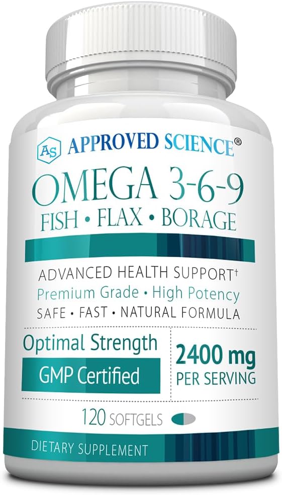 승인 된 과학 오메가 3-6-9-2400mg 생선, Flaxseed 및 비타민 E가있는 Borage 오일 - 웰빙 지원 - 비 GMO, 수성 - 무료 120 Softgels - 2 개월 공급