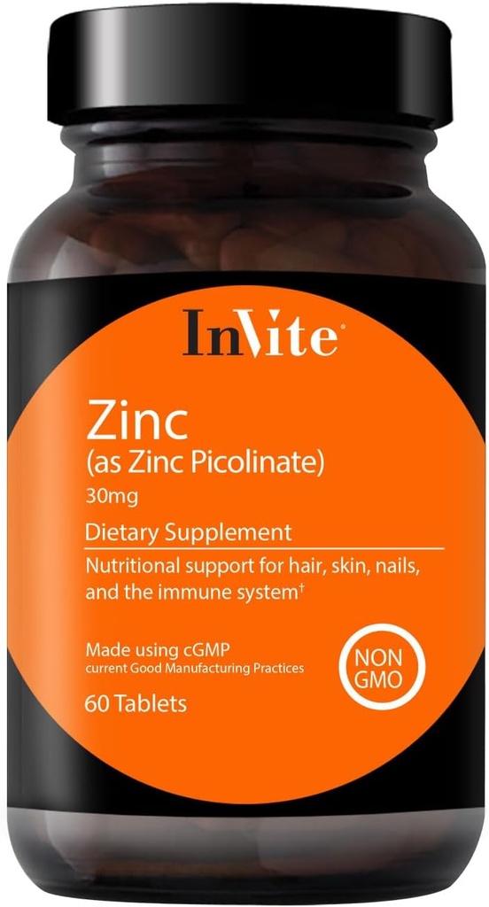 InVite 건강 아연 Picolinate - 아연 Picolinate로 30 mg - Immune, 손톱, 피부 및 모발 건강 지원 - 60 정제 (2 팩)