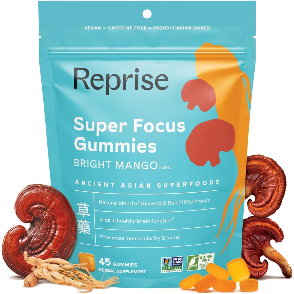 성인용 Focus Gummies | 시시 버섯 추출물의 미국 및 한국 인삼 | Focus, Mood 및 Energy의 모든 자연 Gummies | 망고 맛 | 45 개