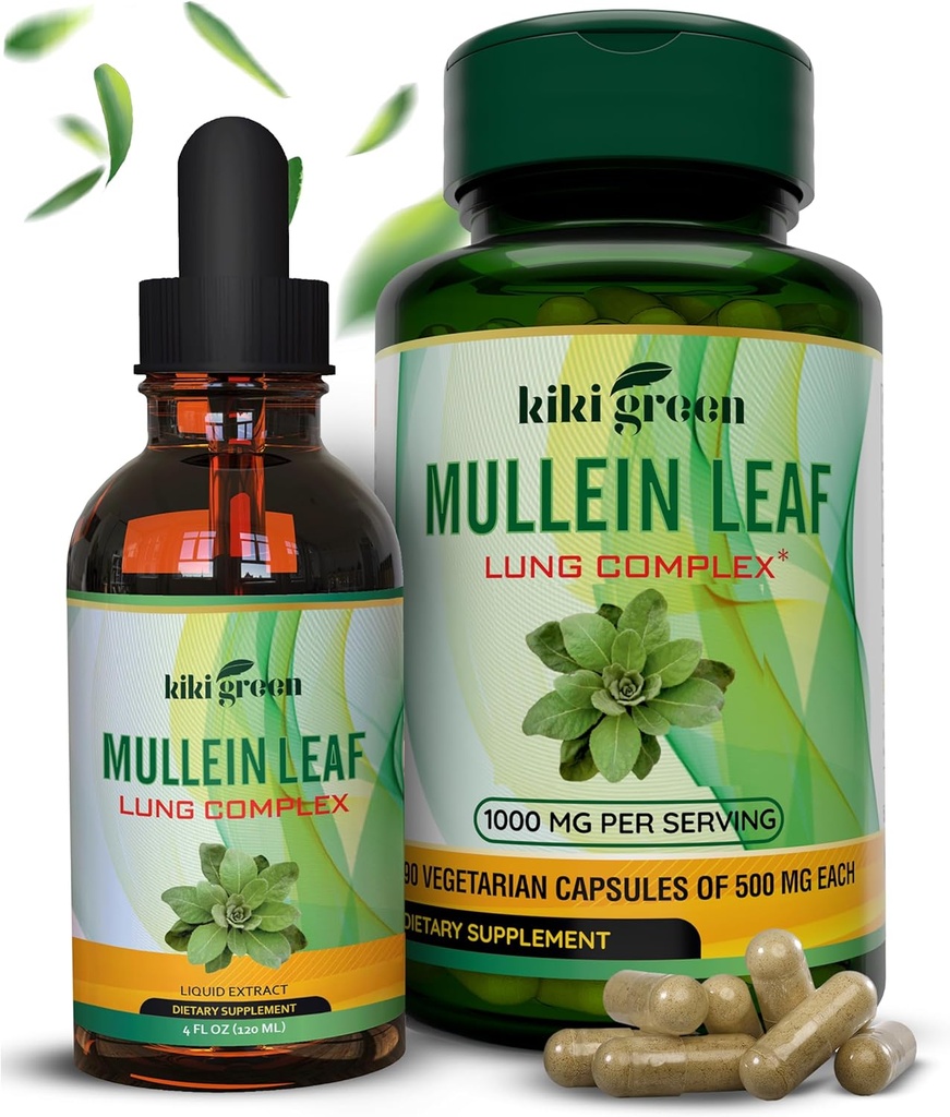 KIKI 녹색 Mullein 캡슐 & 액체 하락 뭉치 - Mullein 잎 추출물 보충교재, 90의 캡슐 + 2개의 fl oz - 호흡 & 면제 지원을 위해, 더 나은 Lung 기능, Lung Cleanse & 기복