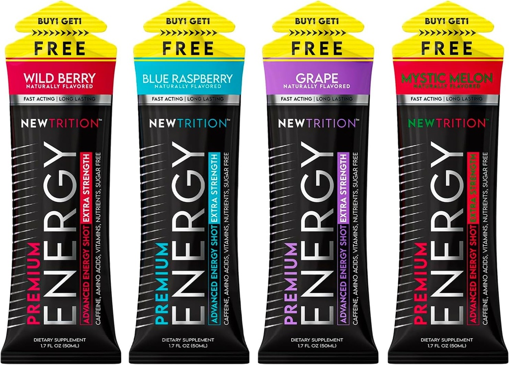 NewTrition® Extra Strength Energy Shot, 250mg Caffeine Energy with Vitamin B & Amino Acids, Sugar-Free Vitamin Energy Shot, Zero Calorie Focus & Stamina Booster, 1.7 fl oz (4, 4 맛 혼합 -1 포장)