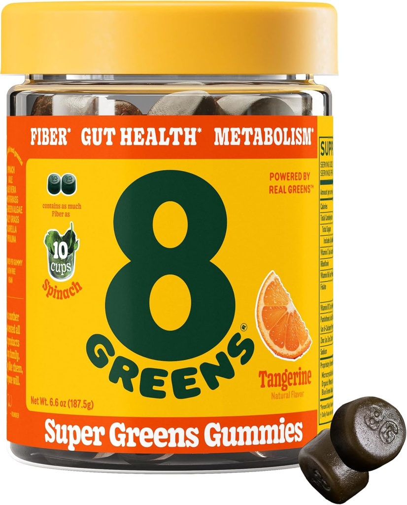 8Greens Fiber Super Greens Gummies | 섬유, 과트 건강, 대사. 소화 건강, 부스트 면역 체계 & 8개의 진짜 녹색을 가진 소화 건강 - 비 GMO 공식, 거미, Tangerine 풍미, 50 조사