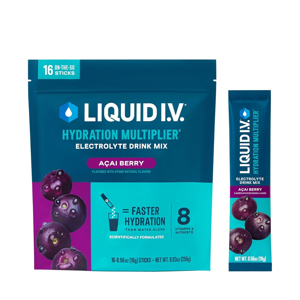 액체 I.V.® Hydration Multiplier® - Açaí Berry - Hydration Powder Packets | Electrolyte Powder Drink Mix | 편리한 Single-Serving Stick | Non-GMO | 16 서빙 (12장)