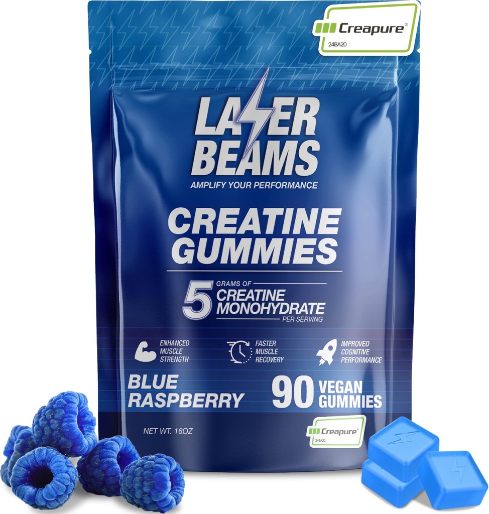여성 및 남성을위한 크레아틴 Monohydrate Gummies - 서빙 당 5g Creapure Creatine - Vegan, 블루 라즈베리 맛 - 부스트 근육 강도, 내구시간, 회복 및 정신 초점 (90 Gummies)