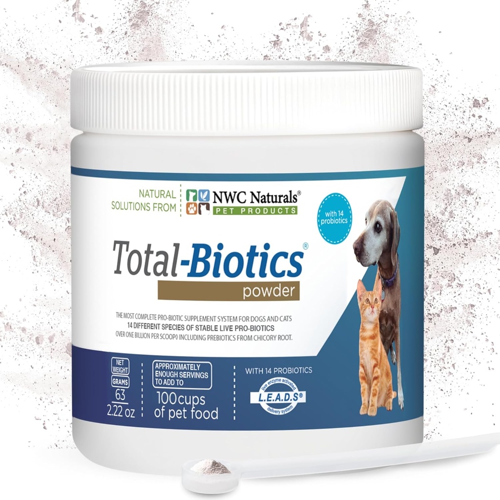 NWC Naturals Total-Biotics, Cat & Dog Probiotics for Digestive Health with Prebiotic, Dogs & Cats, Gut, Skin, Coat, Stomach Relief, 100 서빙, 2.22 Ounces