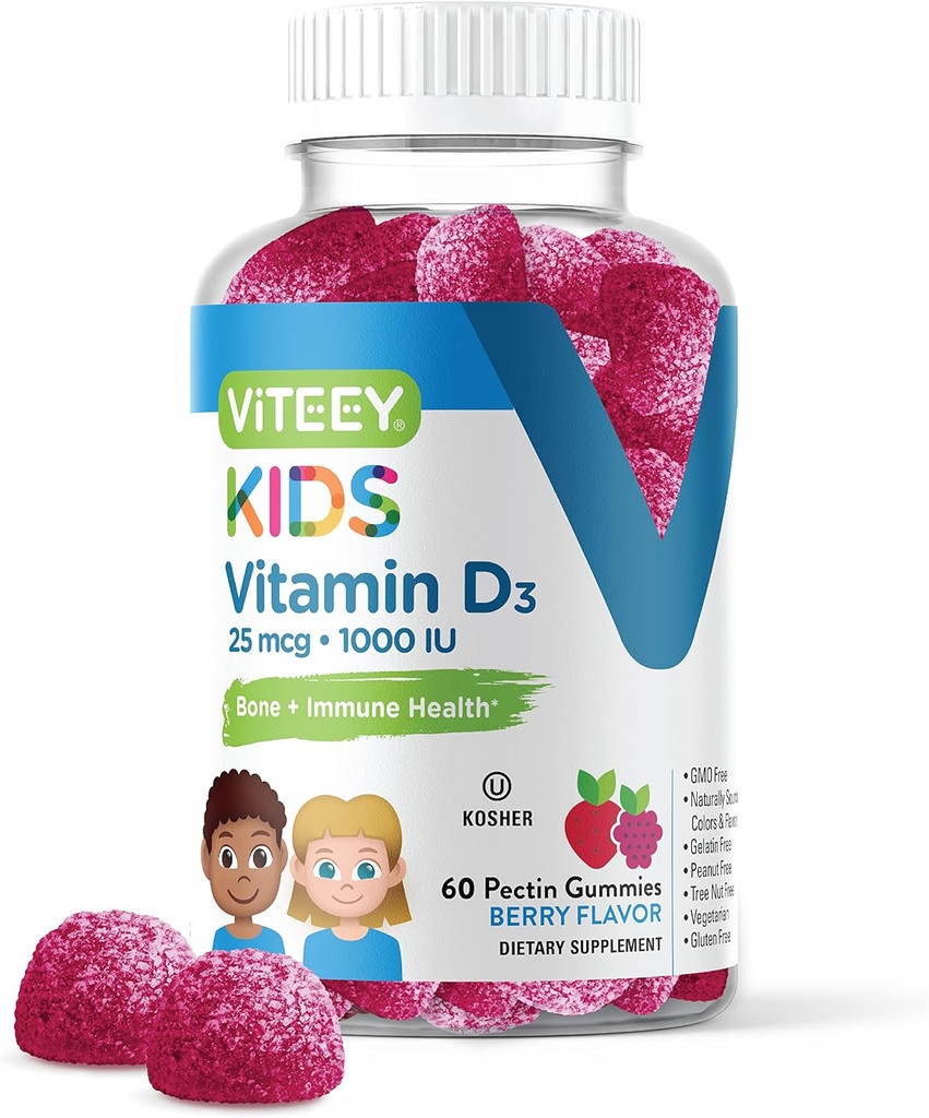 Viteey 비타민 D3 어린이 Gummies 25mcg 1000 IU - 뼈 건강, 면역 건강, 관절 근육 지원 - 채식, 젤라틴 무료, 글루텐 무료, GMO 무료 - 맛있는 체리 맛