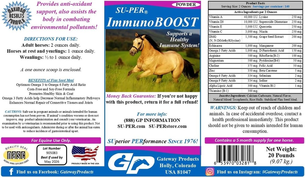 SU-PER ImmunoBOOST 말 산화 보충교재 - 지원 면역 체계 & 영양 부족 - 비타민 E & C의 포도씨 추출물, 초본 추출물 - 20 파운드, 5 달 공급