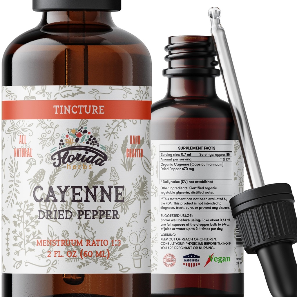 Cayenne Tincture 추출물, 유기 카이엔 (Capsicum annuum) 말린 후추 - 야채 글리세린 - 비 GMO - 2개 oz