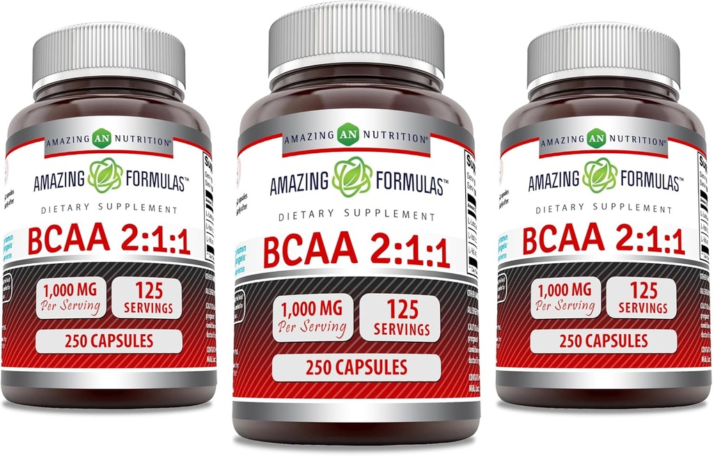 놀라운 수식 BCAA 2 : 1 : 1 1000 Mg 서빙 | 캡슐 | 분기된 사슬 아미노산 보충 | 비 GMO | 글루텐 프리 | 미국에서 만든 (3 팩, 250 카운트)