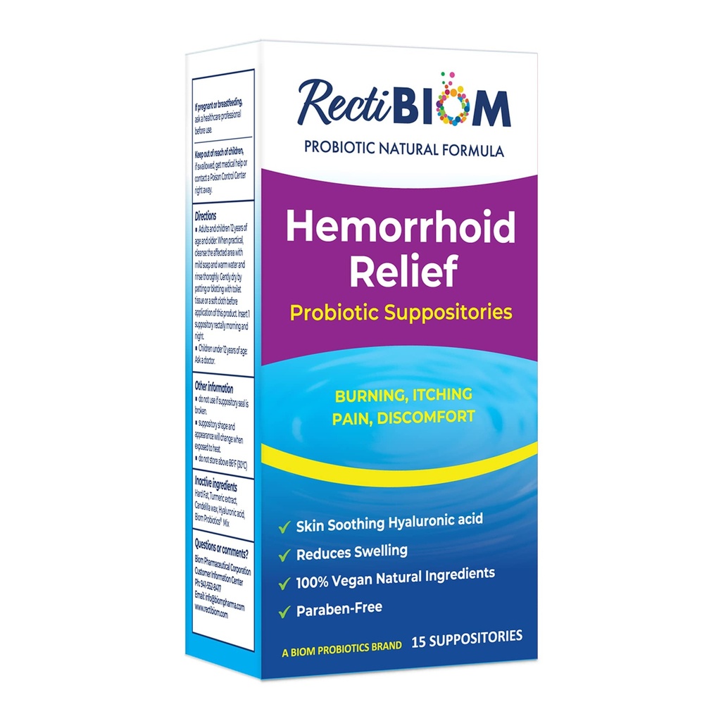 피부 Soothing 자연적인 성분, 빠른 기복을 가진 RectiBiom Probiotic Hemorrhoid 기복 좌약. Hyaluronic 산과 심황 추출물, Vegan, 글루텐 자유로운 정립