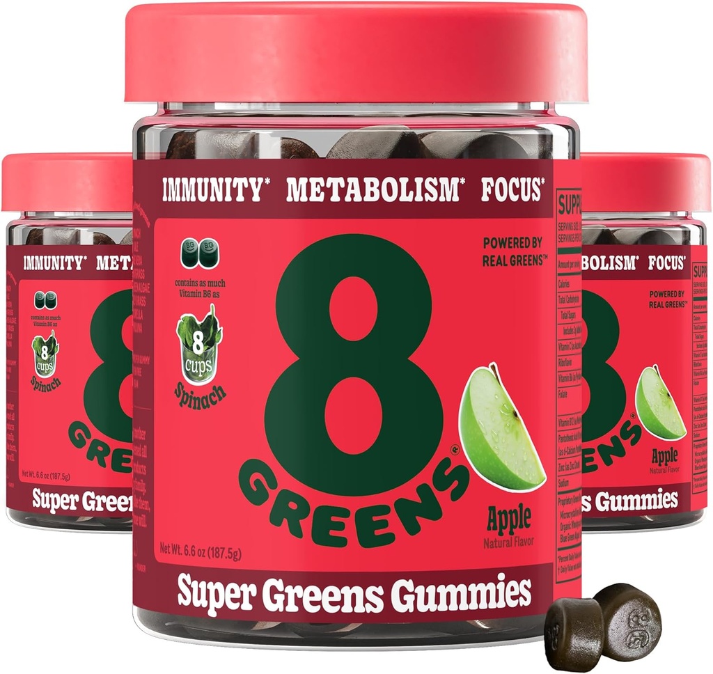 8Greens Supergreens Gummies | Metabolism, Immunity & Focus, Digestive Health Enzymes, Organic : Chlorella, Spirulina, Aloe Vera, Apple 풍미, 150 조사를위한 슈퍼 그린 파우더 슈퍼 푸드 거미
