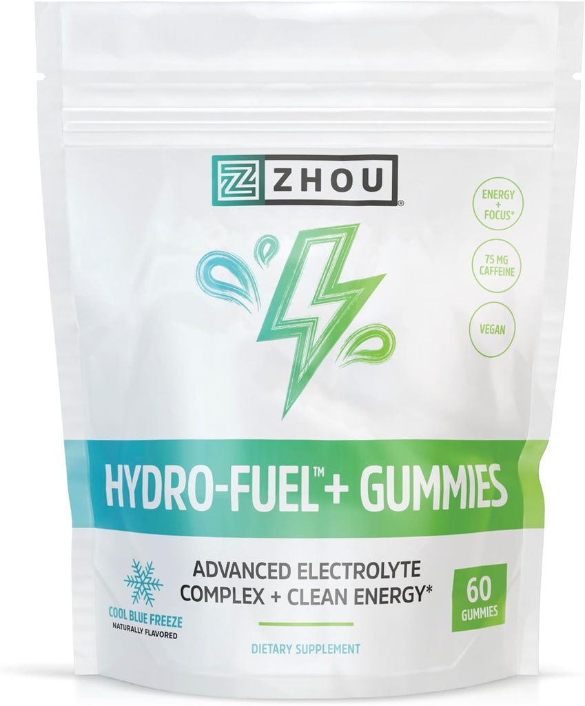 Zhou 영양 Hydro-Fuel+ Gummies - Hydrolyte Gummies, Electrolytes Complex 및 75 mg Caffeine Clean Energy, Hydrating Supplement 용 고급 Chews - 60 Vegan Chews