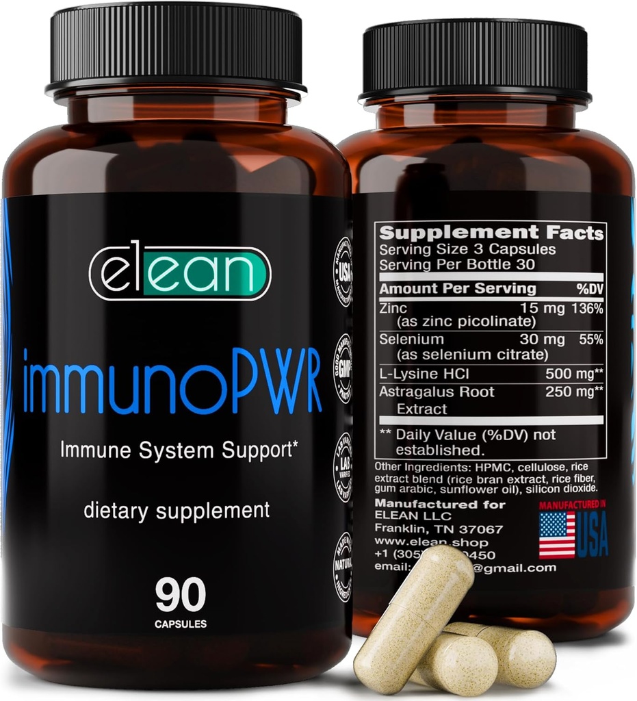 ELEAN Immuno PWR- 아연, 셀레늄, 아미노산 Lysine 및 콜라겐 증후군, 갑상선 건강, 광 지원, 에너지 및 면역 건강 90 Veg 캡슐에 대한 Astragalus 루트 추출으로 풍부.