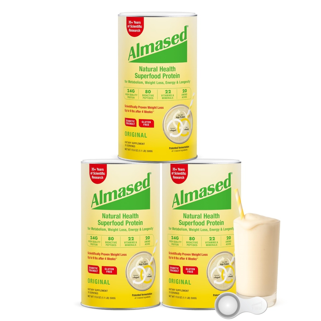 남자 & 여자를 위한 체중 감소 장비를 위한 Almased 단백질 분말, 체중 감소를 위한 자연적인 식사 보충 Shake, 보충교재, 서빙 당 단백질의 27 그램 (원래 풍미, 3개의 깡통 @ 17.6 oz ea + Scoop)