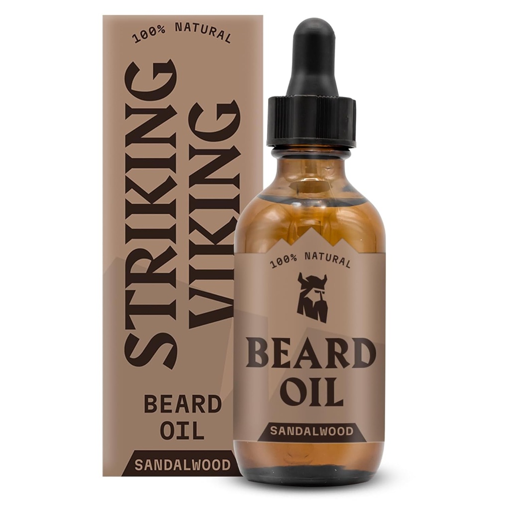 Striking Viking Sandalwood Beard Oil for Men - 2 Fl Oz, Sandalwood Scent - Argan, Jojoba, Almond & Tea Tree가있는 자연 수화 및 연화 Beard Care - 무겁고 빠른 흡수 포뮬러