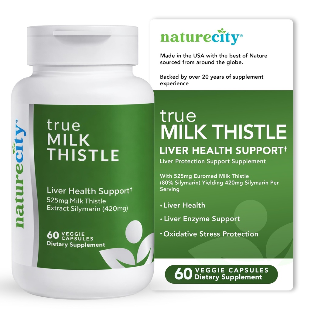 NatureCity TrueMilkThistle | 밀크 이틀 보충 525mg | 밀크 이틀 (80% silymarin) 포함 420 mg의 Silymarin | 산화 지원 | 간병 지원 | 60 Veggie 캡슐