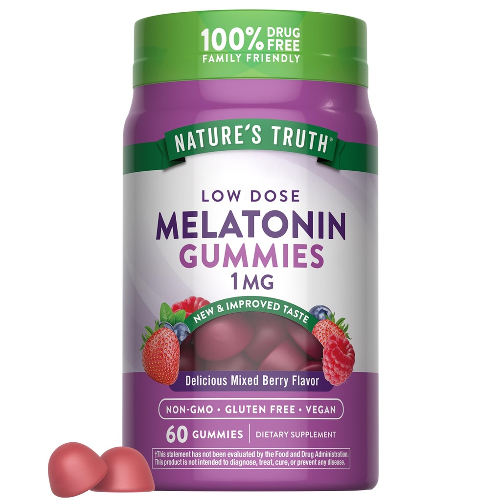자연의 진실 Melatonin Gummies | 1mg | 60 개 | 체리 석류 맛 | Vegan, Non-GMO & 글루텐 무료 보충