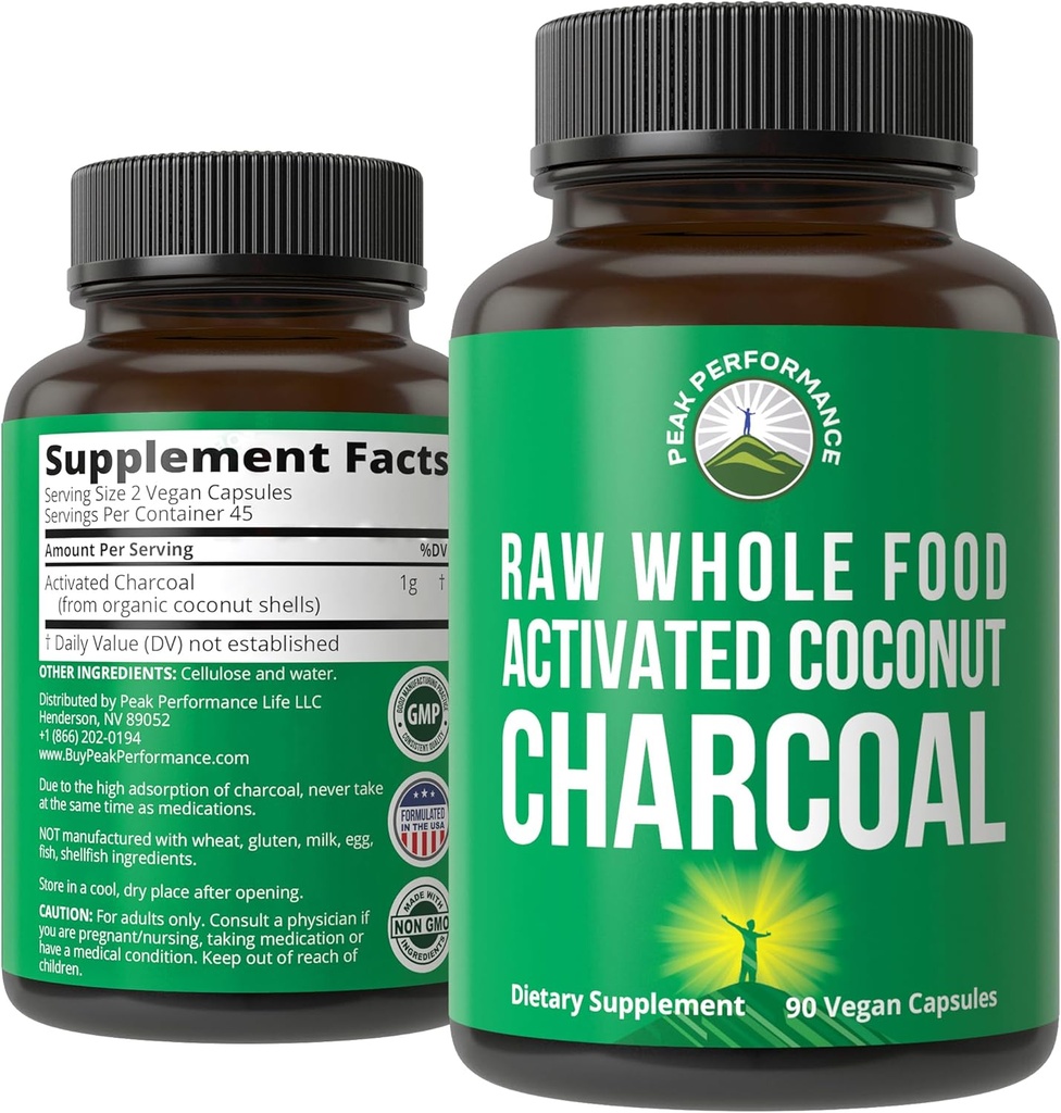 Peak Performance는 Wild Harvested Coconut Shells의 Charcoal Vegan 캡슐을 활성화했습니다. Detox, Gas Relief, Bloating에 가장 안전한 숯 약 보충교재. 남자와 여자를 위해 90 모든 자연적인 정제