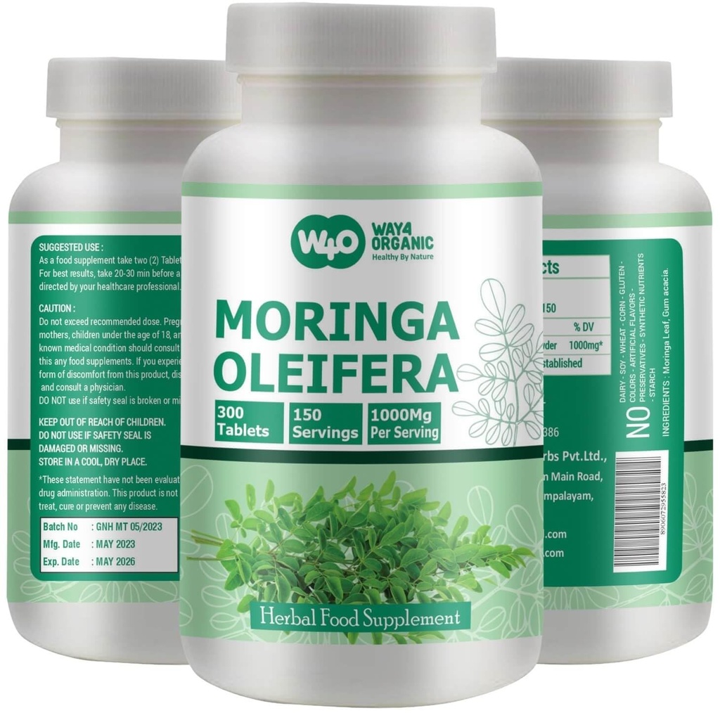 Moringa 잎 분말 캡슐 (태블릿) - 300 알약, 150 서빙, 1000 mg (1 팩)