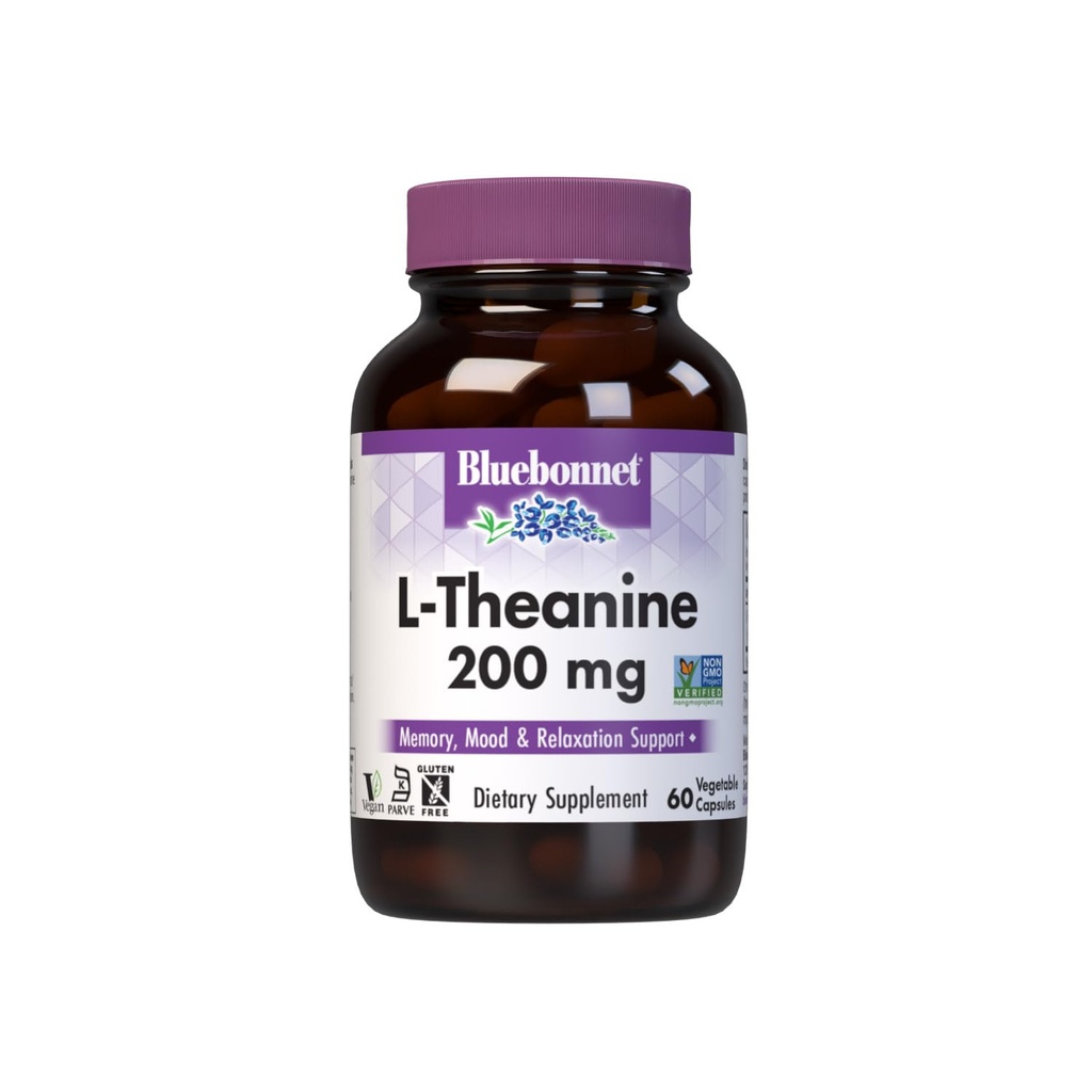 Bluebonnet Nutrition L-Theanine 200mg, Free-Form 아미노산, Relaxation*, Soy-Free, Gluten-Free, Non-GMO, Kosher 인증, Vegan, 60 식물성 캡슐, 60 서빙