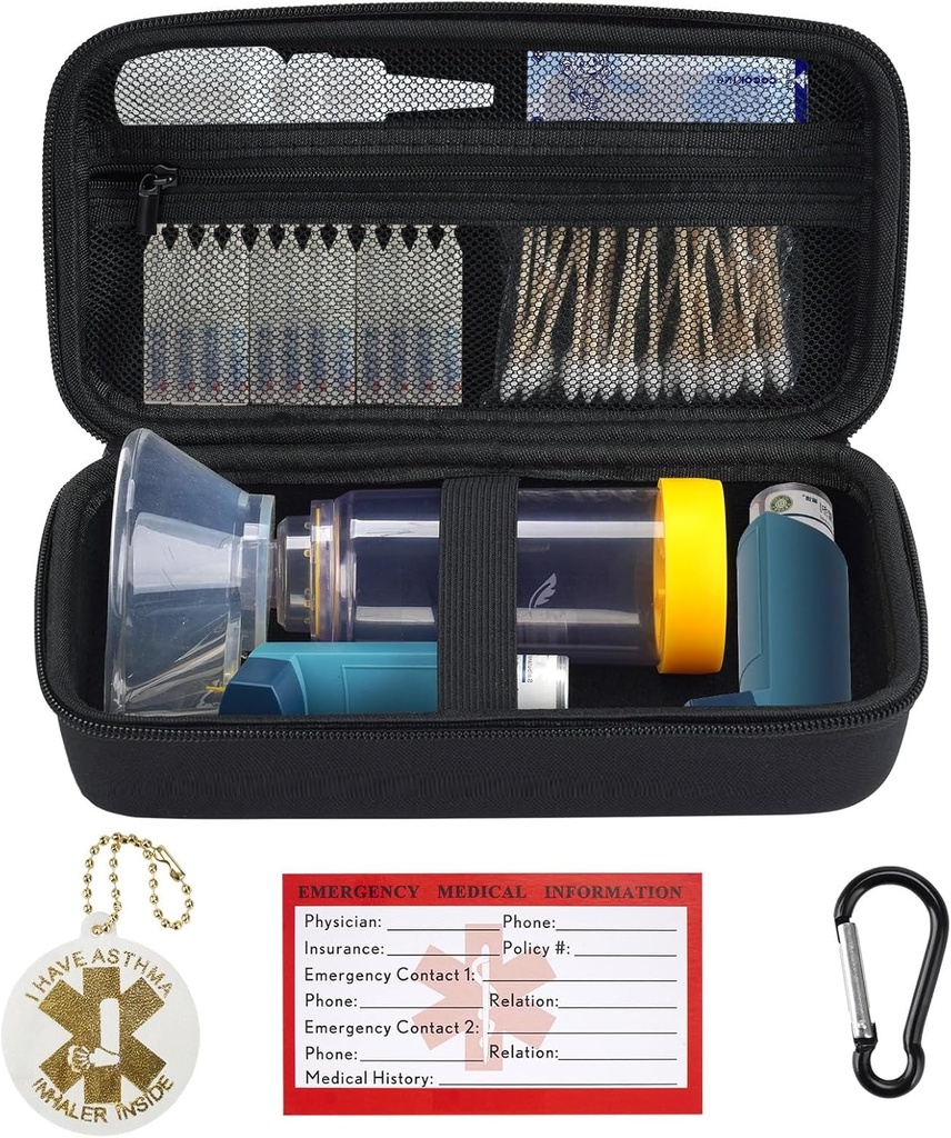 YouKnow Travel Carrying Case for Asthma Inhaler, 성인과 어린이를위한 Inhaler Spacer, 마스크, Asthma 경고 라벨 및 의료 카드가있는 Inhaler 홀더, Carabiner (케이스 만) (블랙)