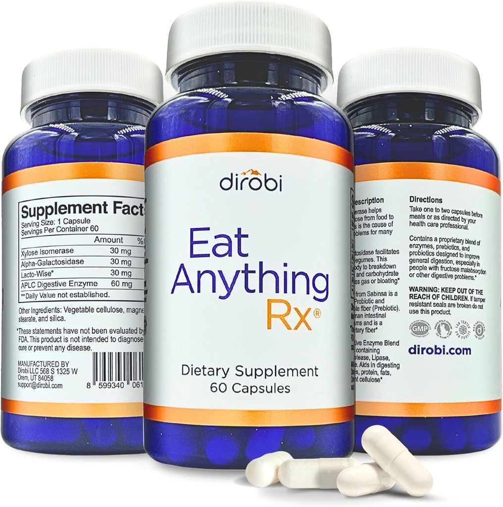 Dirobi는 아무것도 Xylose Isomerase Fructose Malabsorption 효소, FODMAP 보충교재, 더 나은 Lactose, 지방, 단백질 & 탄수화물 소화 가스 & Bloating 60의 캡슐을 위한 소화 효소를 먹습니다