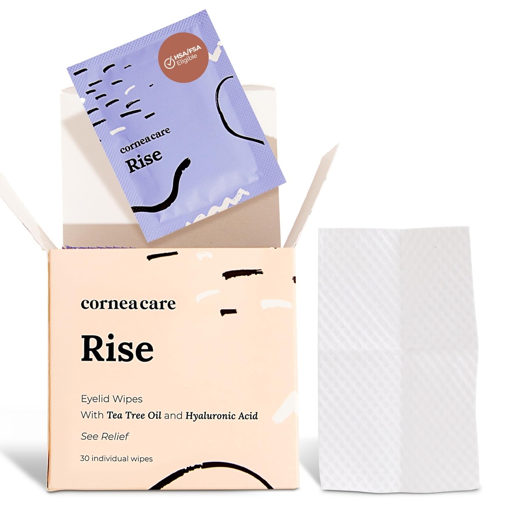 CorneaCare Rise: Eyelid Wipes | 드라이아이용 눈 닦음 | Tea Tree Oil & Hyaluronic Acid | Travel Ready | 30 Count