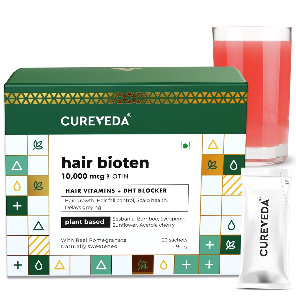 Cureveda Curveda는 식물 기반 Biotin 10000 Mcg 파우더 보충 Unisex, 혜택 건강 한 Scalp 및 머리 성장, 추가 설탕 없음, 자연 석류 Flavour 150 g (팩 1) 성장-1