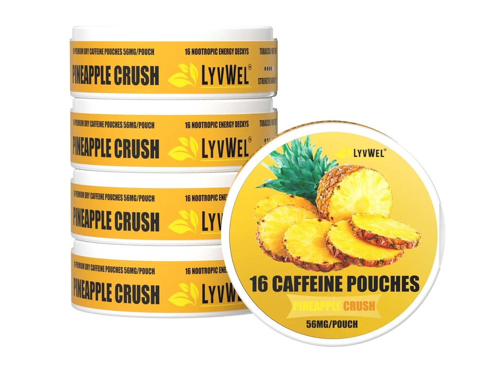 LyvWel 56mg 카페인 에너지 파우치 - 파인애플 - Guarana와 청정 에너지 및 초점 부스트 - 할 수 당 16 파우치가있는 5 팩 (80 총 파우치)