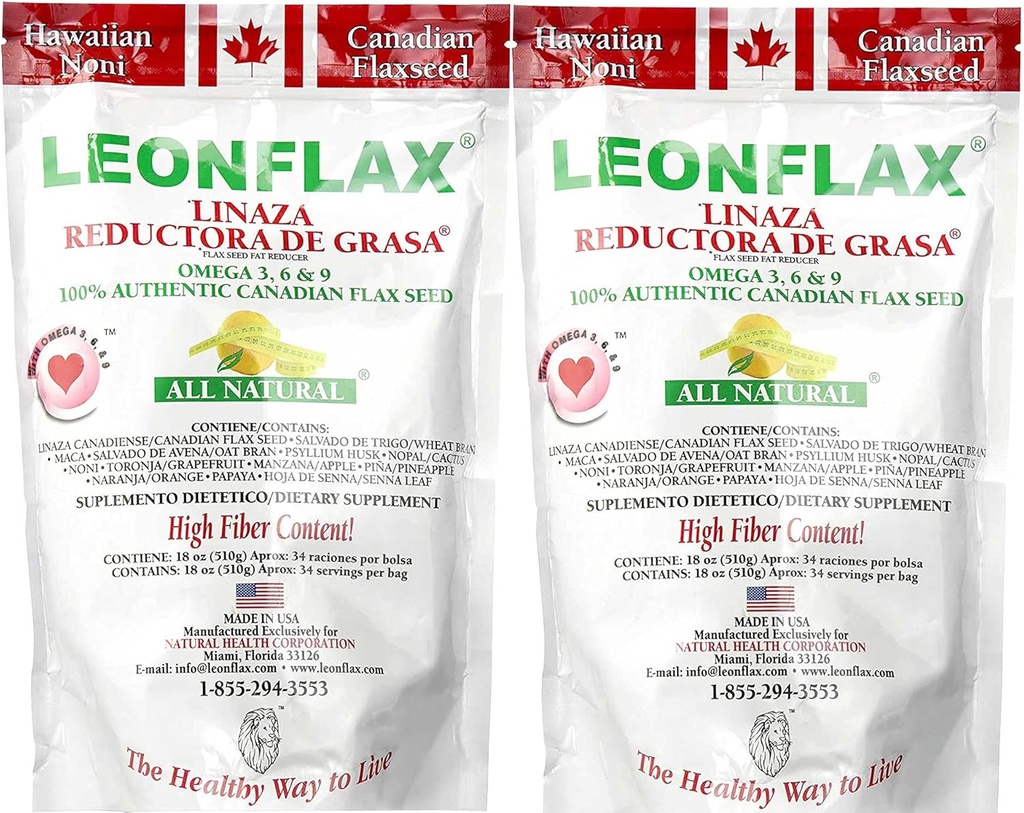 Leonflax 100 % Authentic Canadian Flax Seed Powder, 모든 자연, 높은 섬유 함량, 소화 건강, 오메가 3, 6 및 9, 18 Oz, 가방 (1) (2)