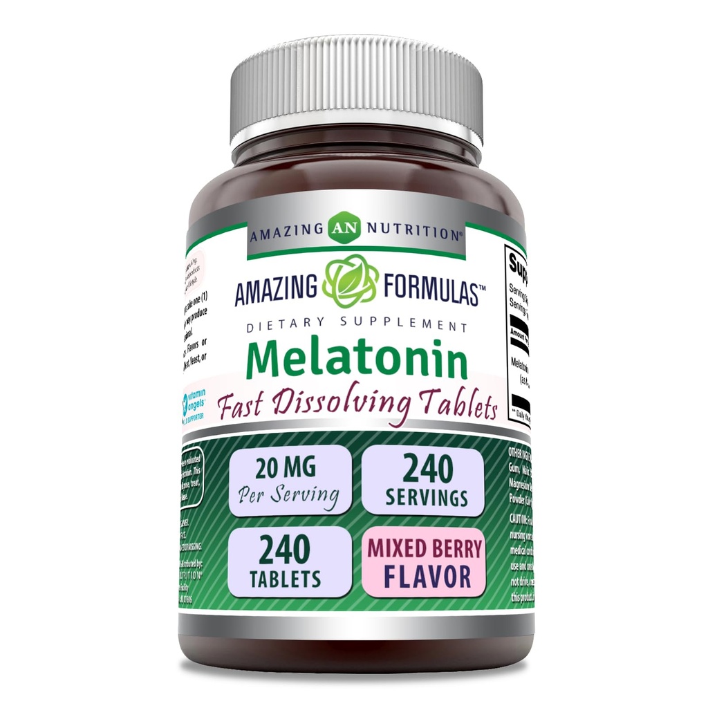 놀라운 수식 멜라토닌 빠른 용해 보충 | 혼합 베리 맛 | 20 Mg Per 서빙 | 240 Tablet | Non-GMO | 글루텐 프리 | 미국