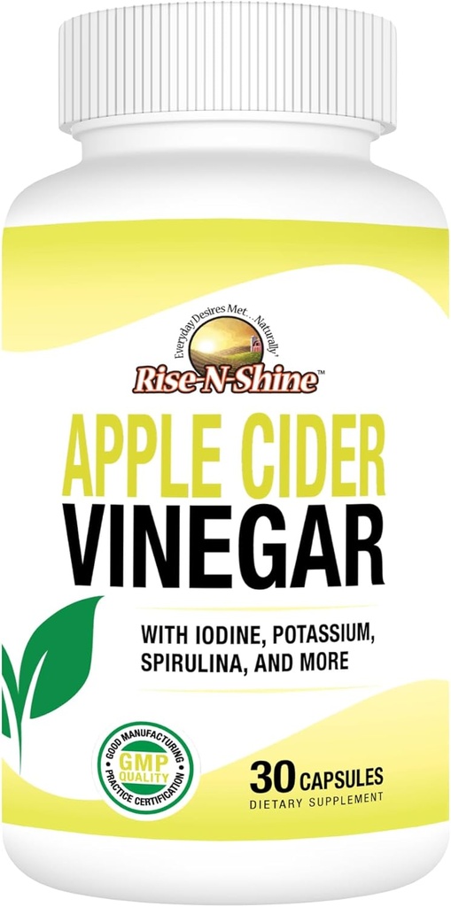 Rise-N-Shine Apple Cider Vinegar 캡슐 - 면역 지원 비타민 - 여성 및 남성 30 일 공급을위한 Gut 지원 (30 캡슐)
