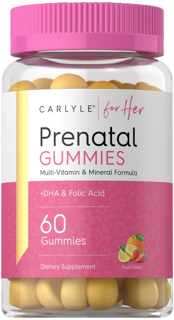 여성을 위한 Carlyle Prenatal Gummies | DHA & Folic Acid | 60 개 | 과일 맛 | 비 GMO, 글루텐 무료 보충 | 그녀의
