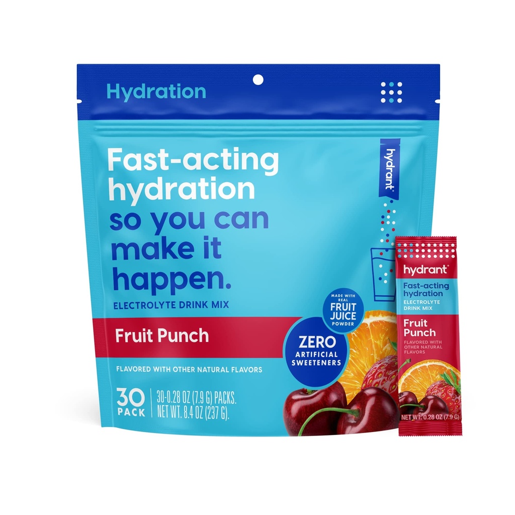 HYDRANT - Hydration 분말, 과일 펀치 맛, 30 개인 즉시 전해질 Rehydration 패킷 - 매일 사용, 여행 및 운동을위한 낮은 설탕 음료 혼합