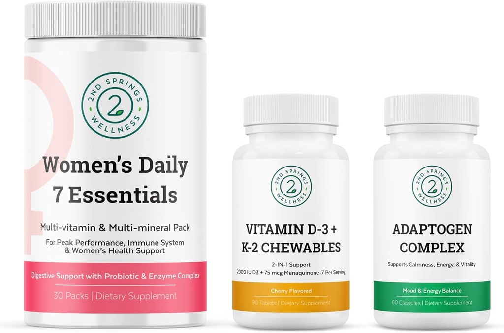 Women's Daily 7 Essentials, 비타민 D3 + K2 Chewables & Adaptogen Complex 번들