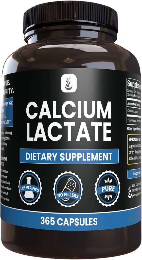 순수한 본래 성분 칼슘 Lactate (365의 캡슐) 마그네슘 또는 밥 충전물 없음, 항상 순수한, 확인되는 실험실