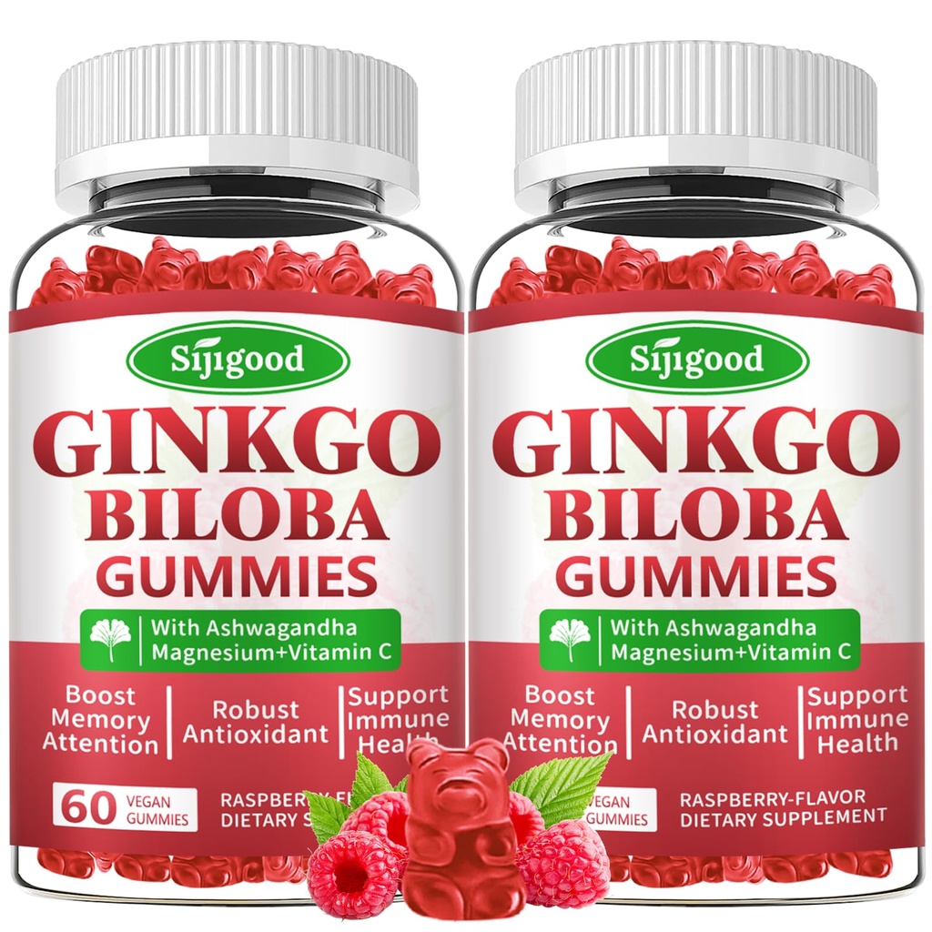 2 팩 은행나무 Biloba Gummies와 Panax Ginseng과 마그네슘, Ginkgo Biloba는 초점, 기억, 그리고 성인 & 아이를 위한 두뇌 건강, Vegan 라즈베리 풍미 Gummies, 120 조사를 위해 보충합니다