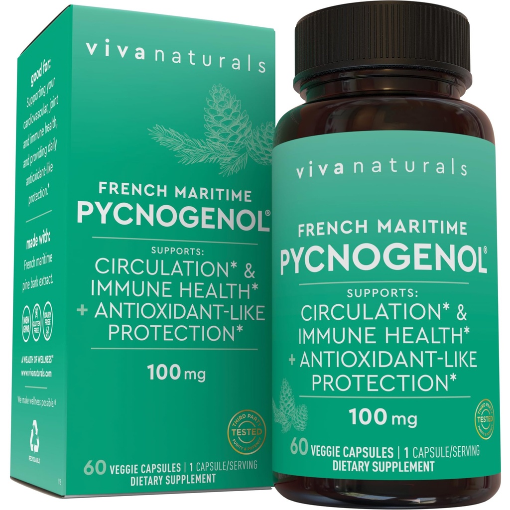 Viva Naturals Pycnogenol - 100mg 프랑스 마리타임 소나무 껍질 추출물 - 순환, 산화 방지제처럼 활동, 관절 및 면역 건강 및 기능 지원 - 60 Veggie 캡슐