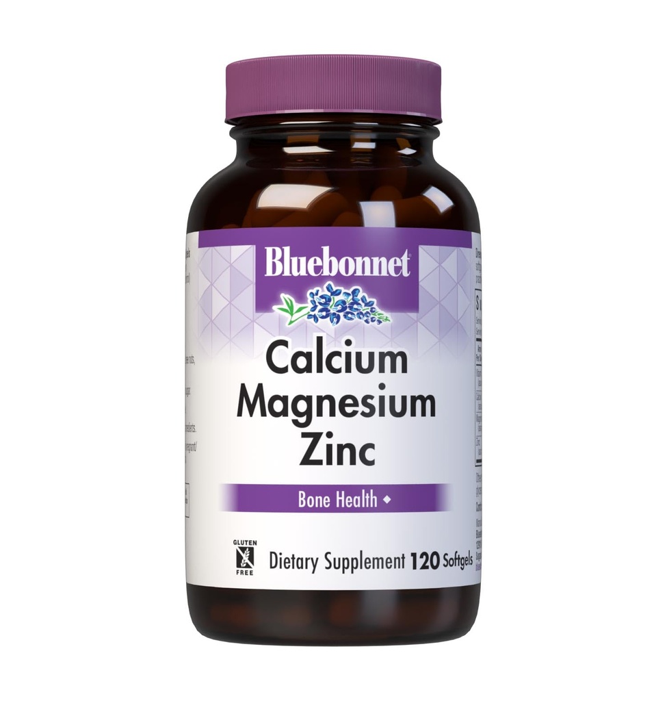 Bluebonnet 영양 칼슘 마그네슘 아연 플러스 비타민 D3, 칼슘 1000 mg, 마그네슘 500 mg 및 아연 15 mg, 400IU 비타민 D3, 강한 건강한 뼈 *, 글루텐 프리, Dairy-Fee, 120 softgel