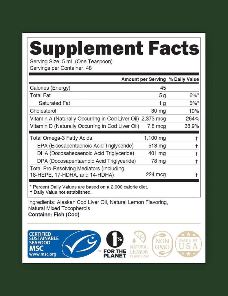 STEWARD - Wild-Caught Alaskan Liquid Cod Liver Oil 8 oz. | 오메가-3의 EPA, DHA, DPA 및 SPMs + 천연 비타민 A 및 D