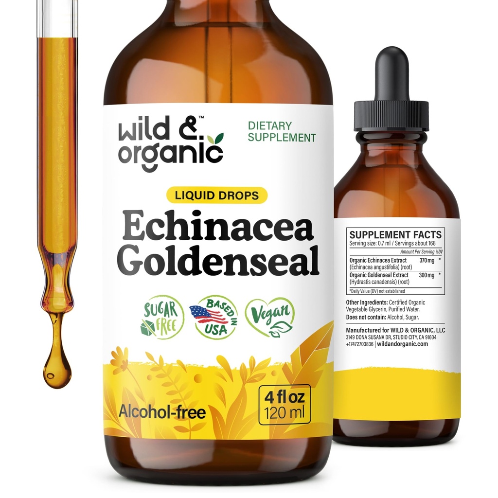 Wild & Organic Echinacea Goldenseal Tincture - Echinacea와 Goldenseal 뿌리 추출물을 가진 면역 지원 하락 - 채식주의자, 설탕 & 알콜 자유로운 액체 보충교재 - 4개 fl oz