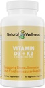 자연적인 웰니스 비타민 D3 + K2 – 높은 힘 비타민 D3 2500 IU & K2 MK-7 45 mcg – 지원 뼈 힘, 심장 건강, 면역력 & 대사 - 올인원 자연적인 채식주의자 보충교재, 90의 캡슐