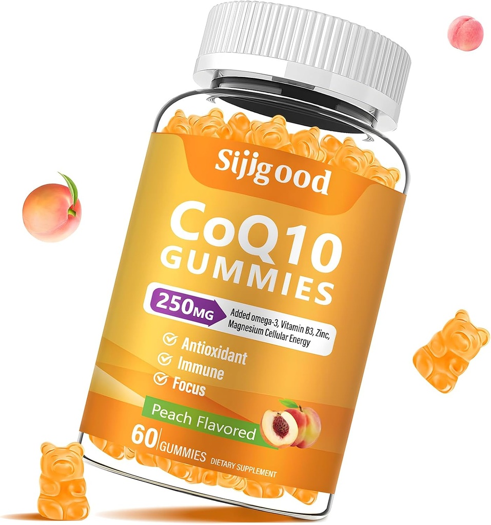 설탕 자유로운 CoQ10 Gummies, 플러스 Omega-3, 비타민 B3 및 아연, 마그네슘, 5X 높은 흡수 Coenzyme Q10 보충교재, q10 부스트 세포 에너지, 유력한 산화 방지제 & 뇌, 복숭아 풍미, 60 Cts