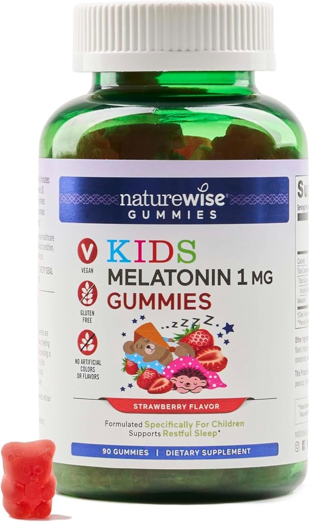 Naturewise Kids Melatonin Gummies 1 mg - 약물 무료, 어린이 연령 4 & 업을위한 수면 보조 형성 - 딸기 맛 거미 곰 - Vegan, Gluten Free, Non-GMO - 90 Count[3-Month Supply]