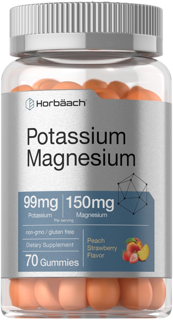 Horbäach Potassium 마그네슘 보충 구미 | 복숭아 딸기 맛 | 70 개 | Vegan, Non-GMO, 글루텐 프리 포뮬러