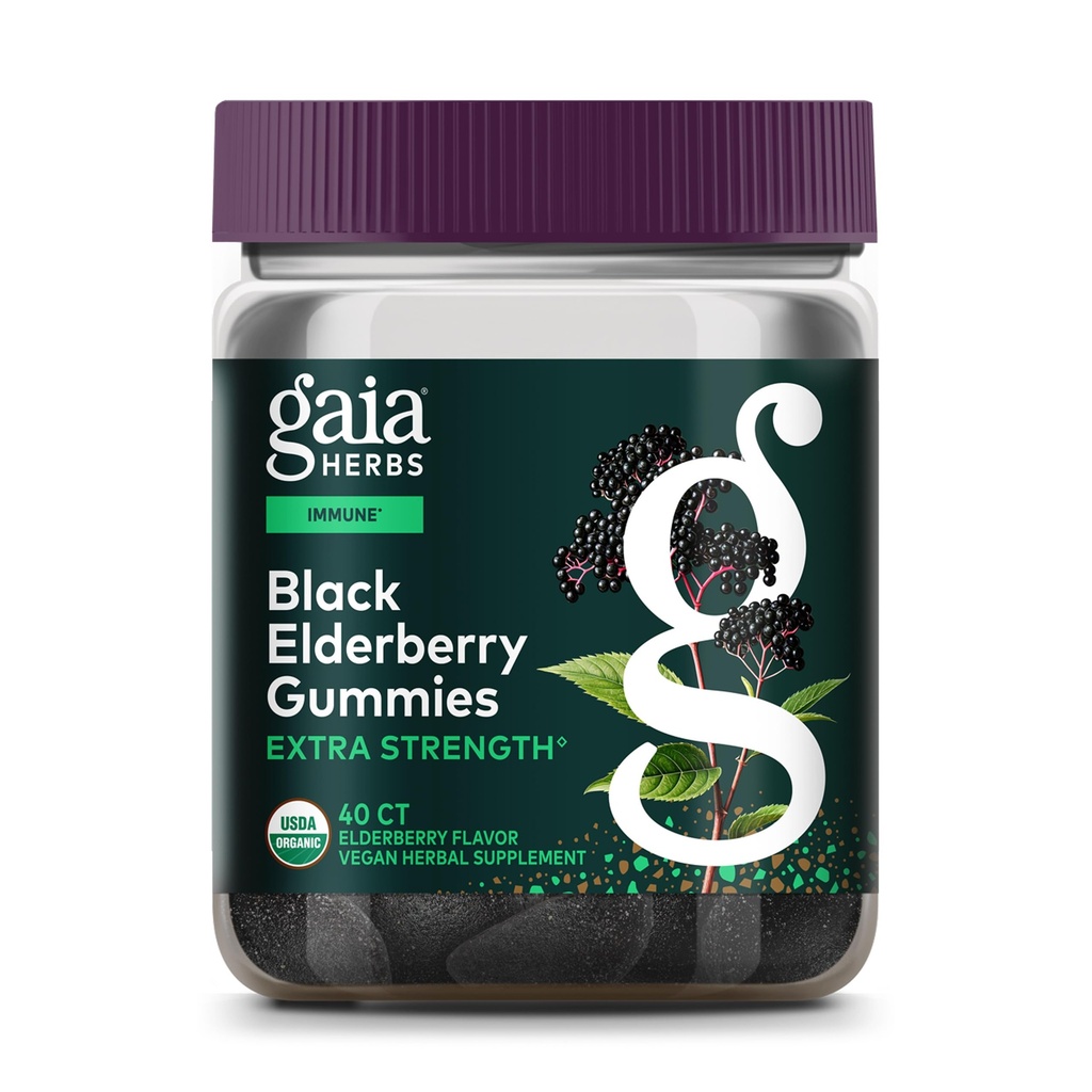 Gaia Herbs Black Elderberry (Sambucus Nigra) Extra Strength Gummies - 맛있는 면역 지원 보충 - Immune 시스템 지원을위한 인증 유기농 블랙 Elderberry로 제작 - 40 Gummies